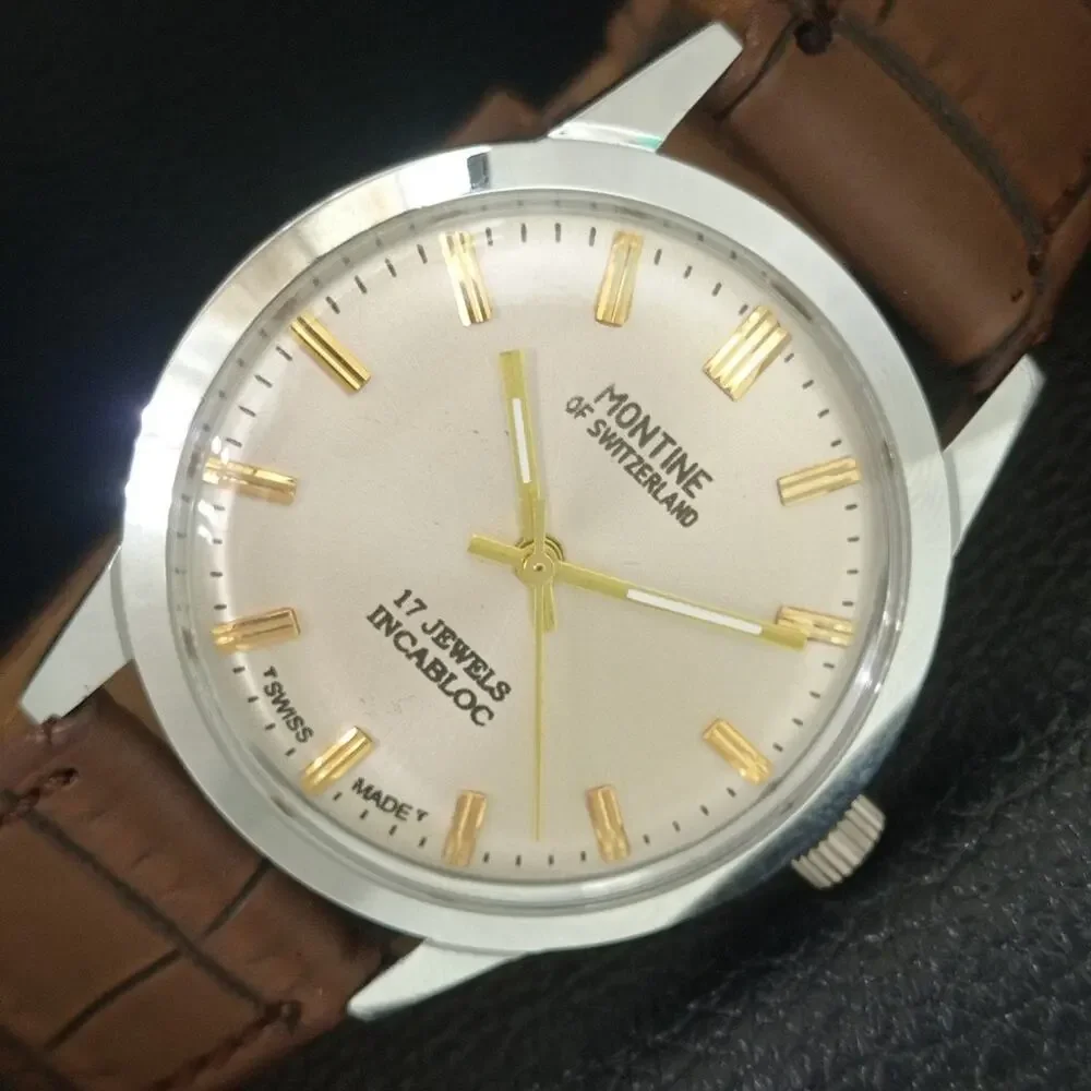 Vintage 1979 Montine Of Switzerland Manual Mens Silver Watch W/Leather Strap